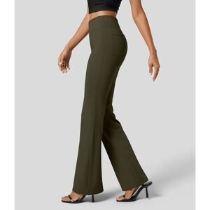 Halara Flex SculptKnit High Waisted Green Pockets Slight Flare Work Pants Sz PXL